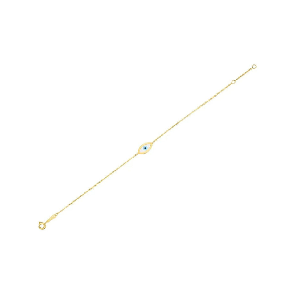 Evil eye mother of pearl bracelet in solid 14K yellow gold, view 3