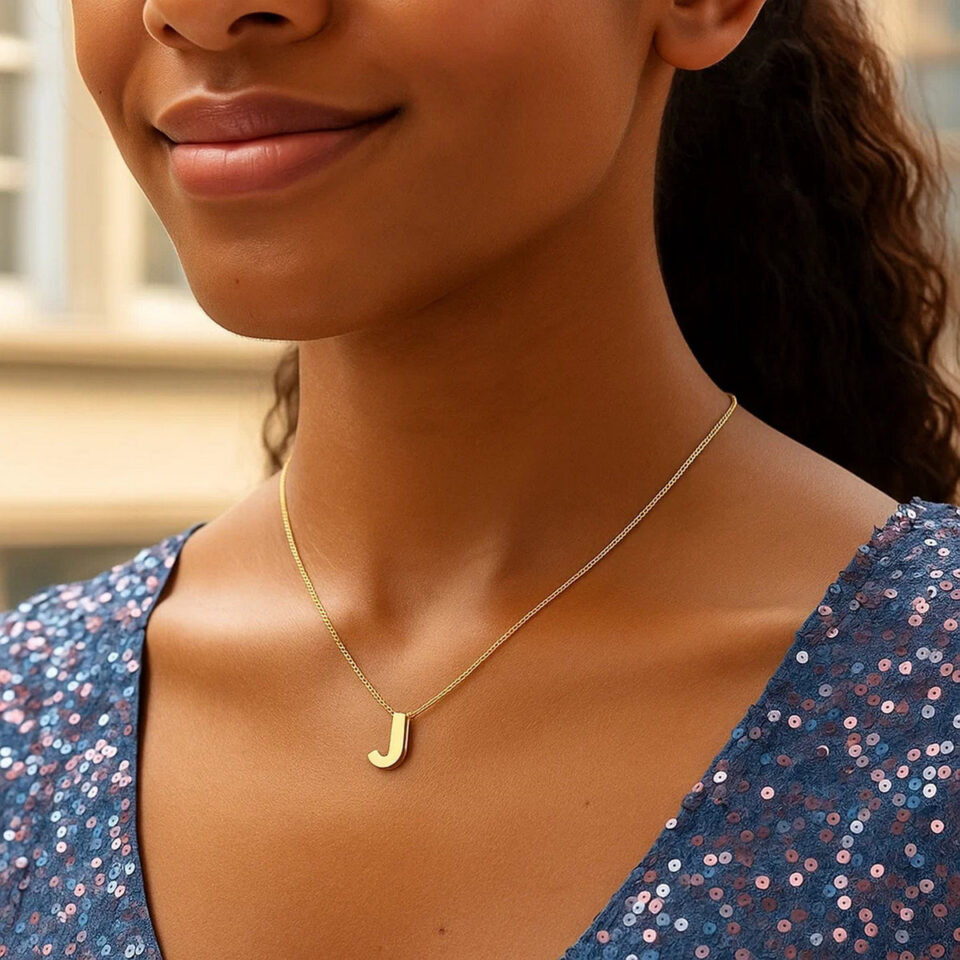 Yours truly block letter initial J necklace in solid 14K yellow gold, view 3