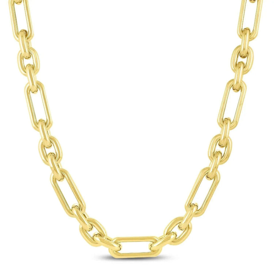 Italian paperclip oval necklace in solid 14K yellow gold, view 5
