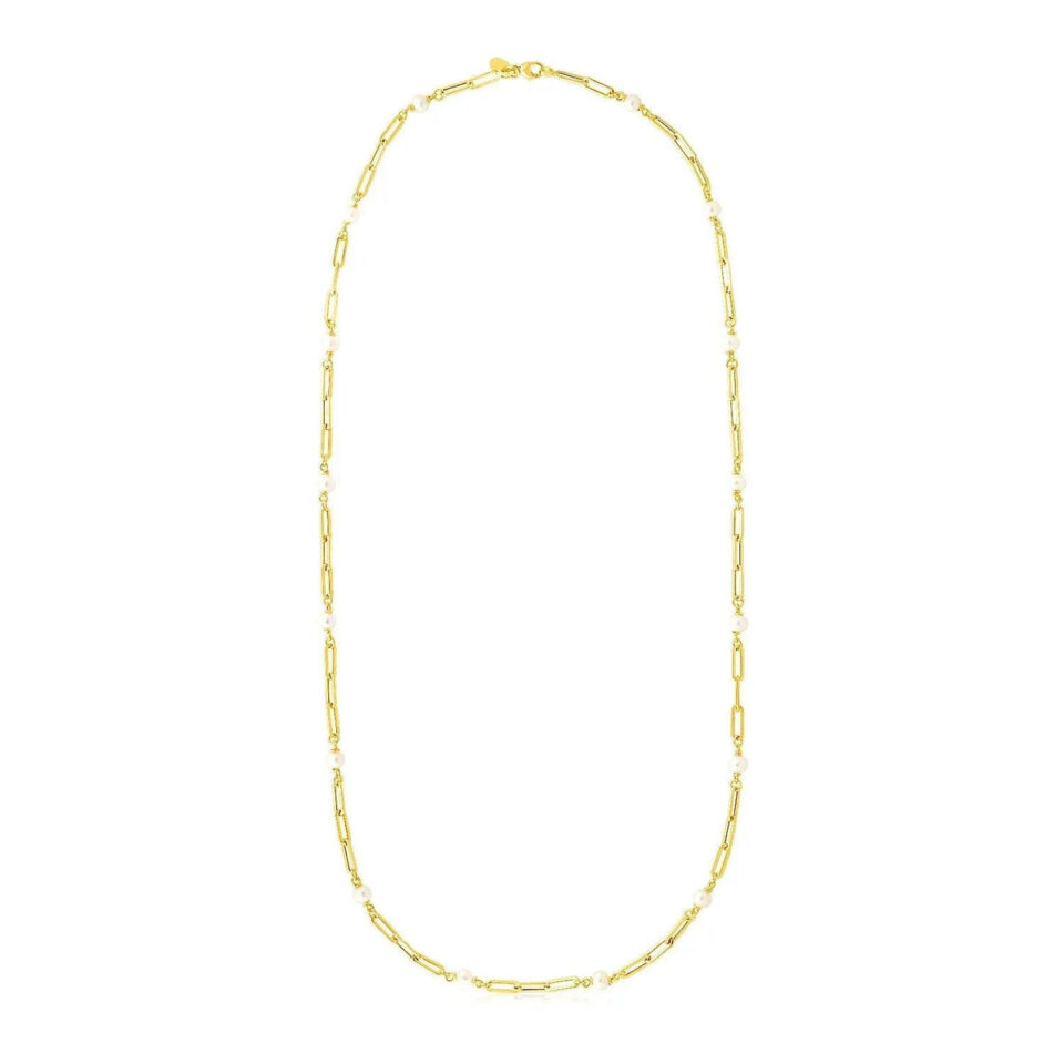 14K Yellow Gold Paperclip Pearl Necklace