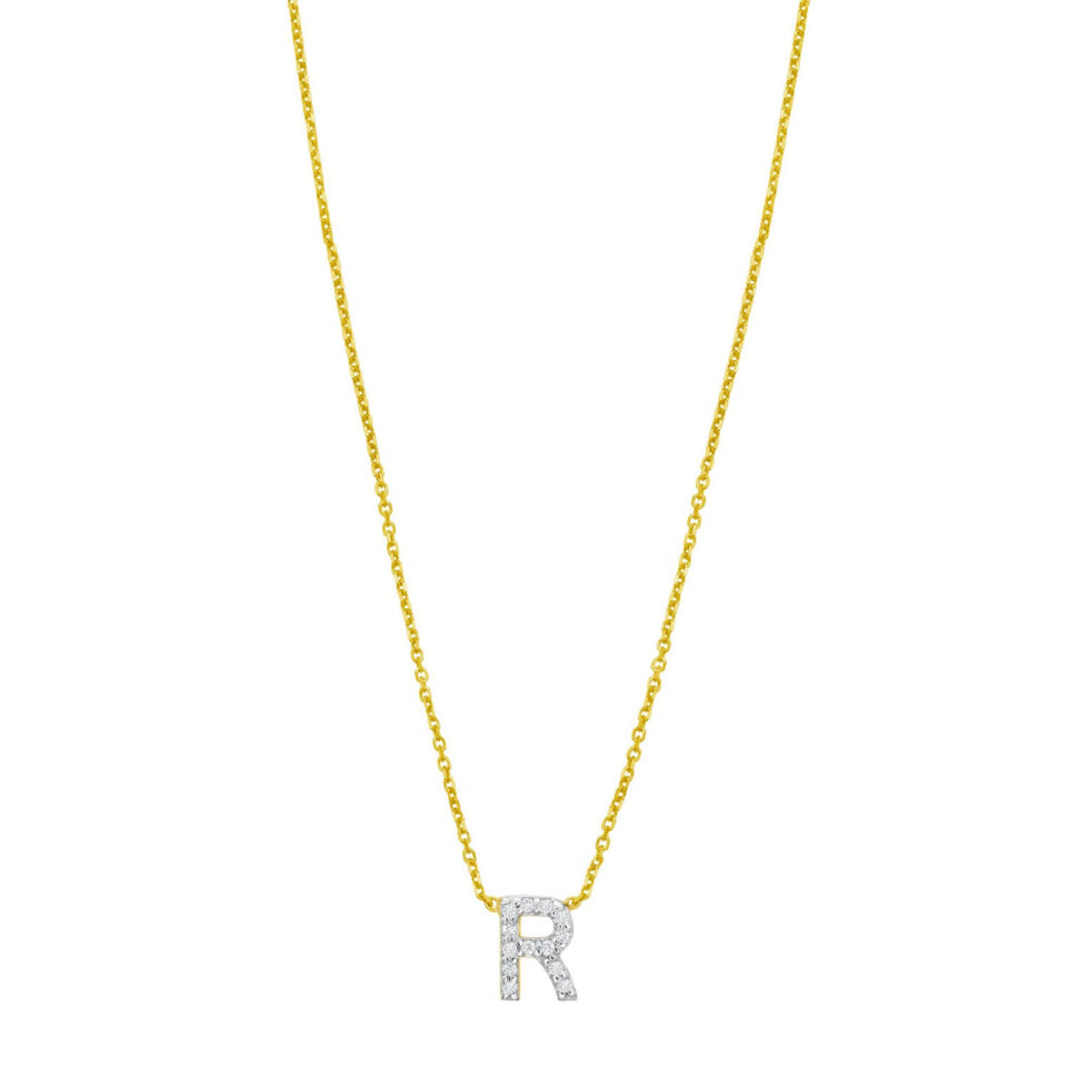 14K Yellow Gold Lab-Grown Diamond Mini R Initial Pendant Necklace