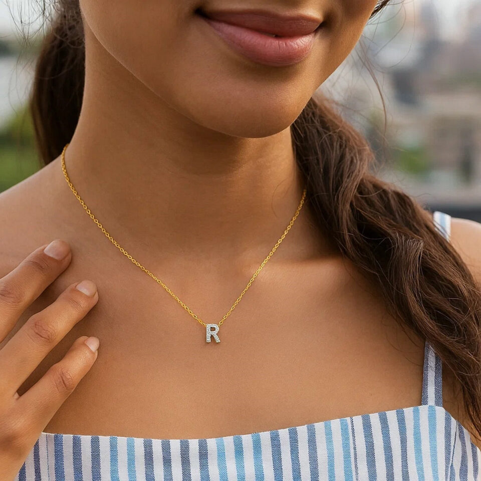 14K Yellow Gold Lab-Grown Diamond Mini R Initial Pendant Necklace