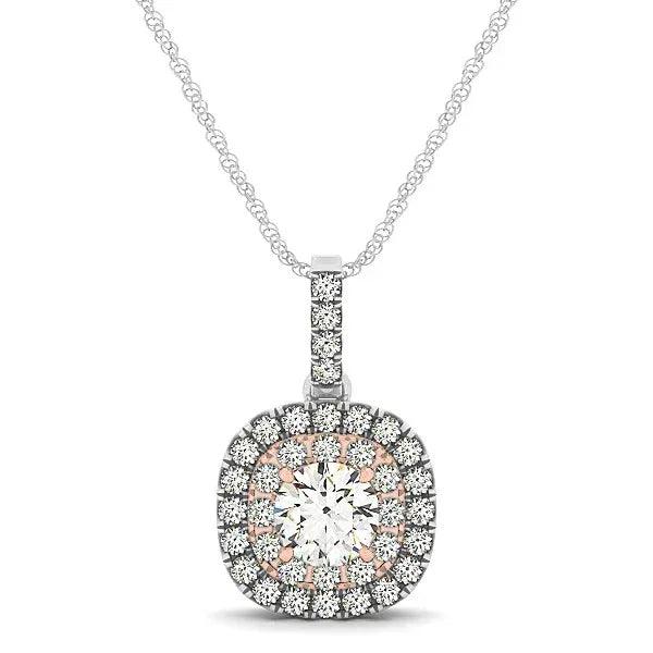 14K White And Rose Gold Halo Cushion Pendant with Lab-Grown Diamonds