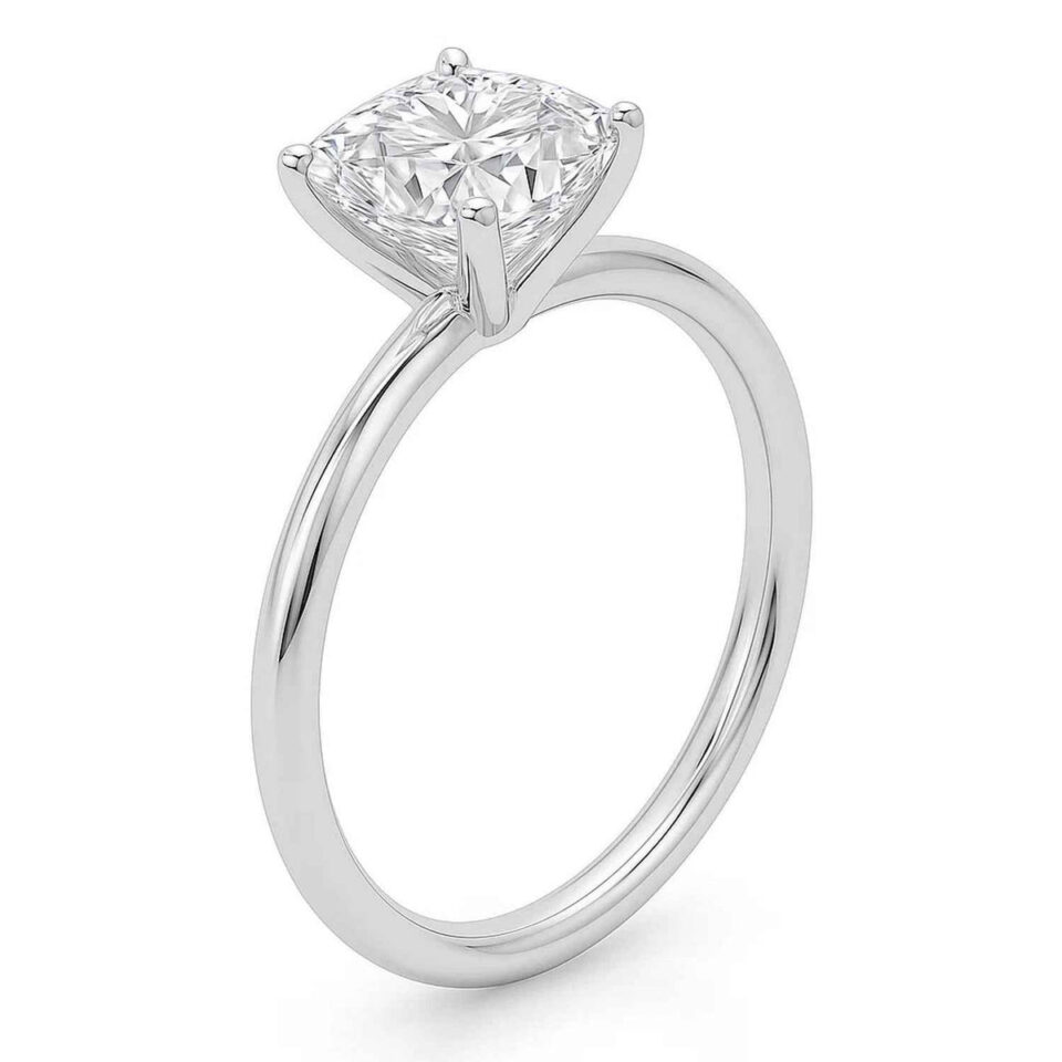 5 ct lab-grown diamond solitaire cushion ring in solid 10K white gold, engagement ring, view 3