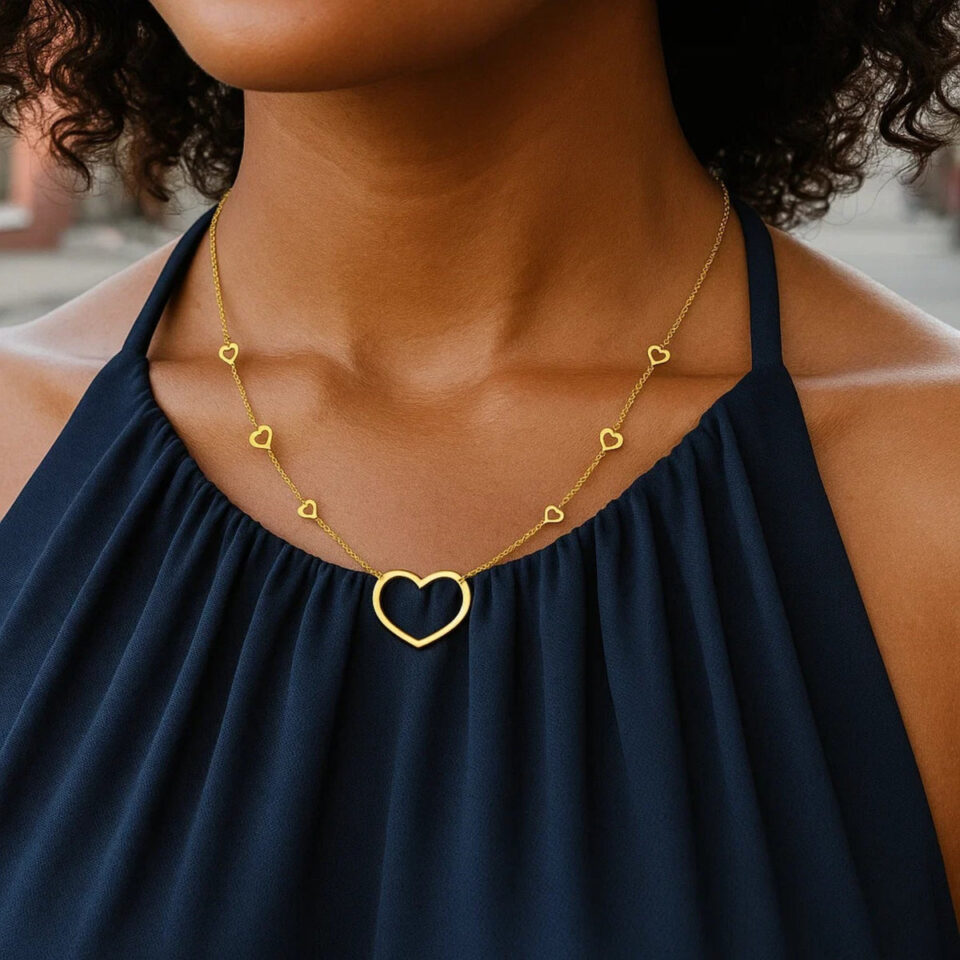 14K Yellow Gold Station Heart Necklace
