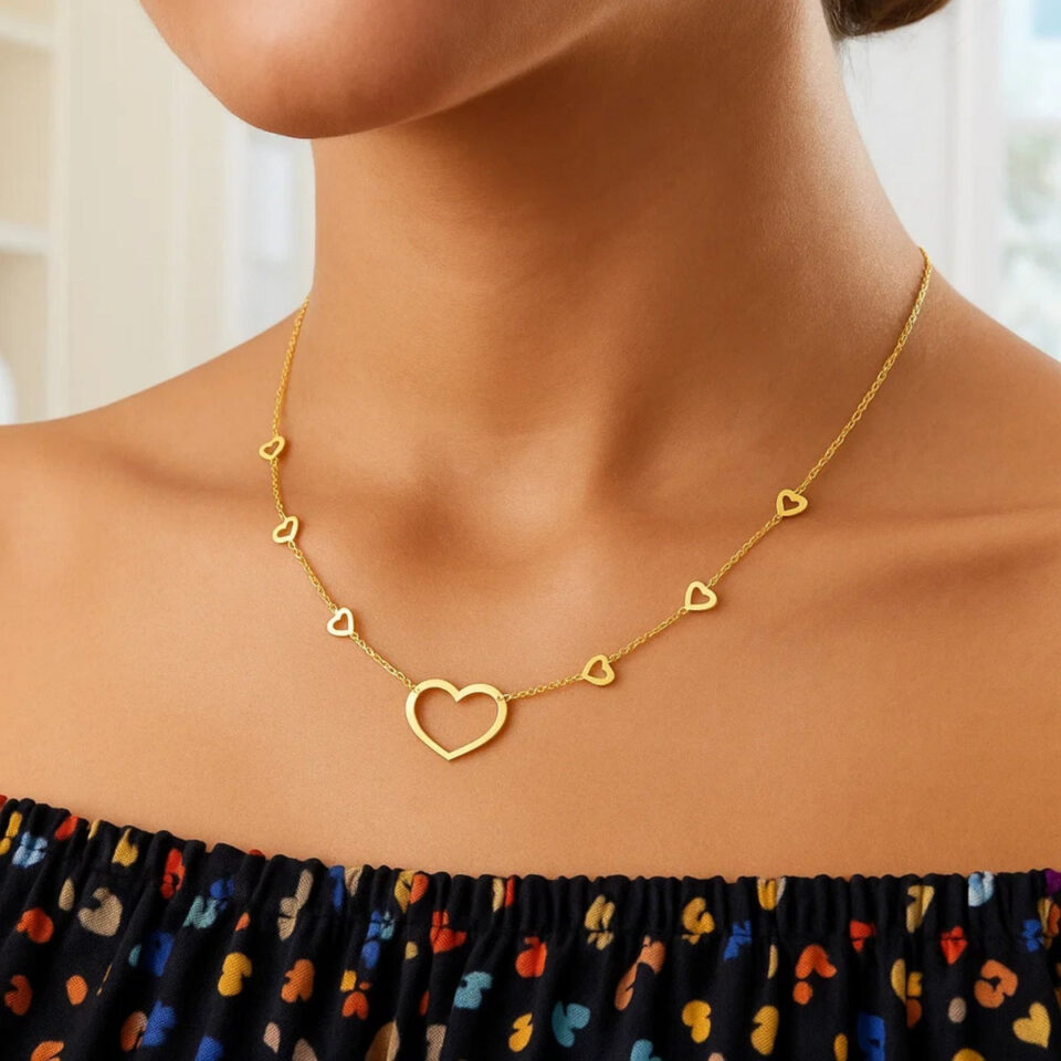 14K Yellow Gold Station Heart Necklace