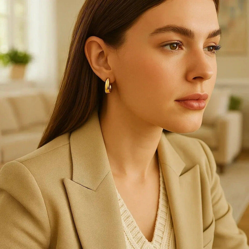 Tapered huggie hoop earrings in solid 14K yellow gold, view 3