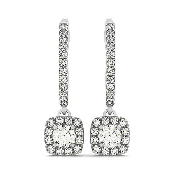 14K White Gold Halo Cushion Lab-Grown Diamond Drop Earrings