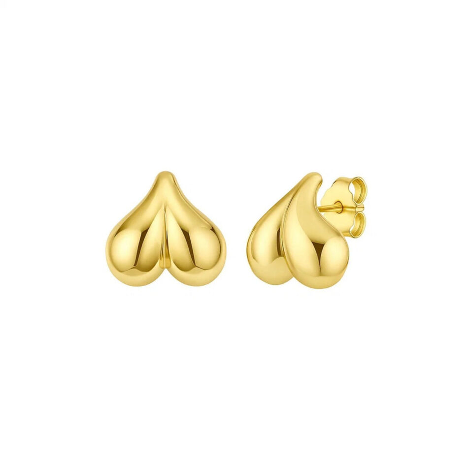 14K Yellow Gold Heart Stud Earrings Puffed