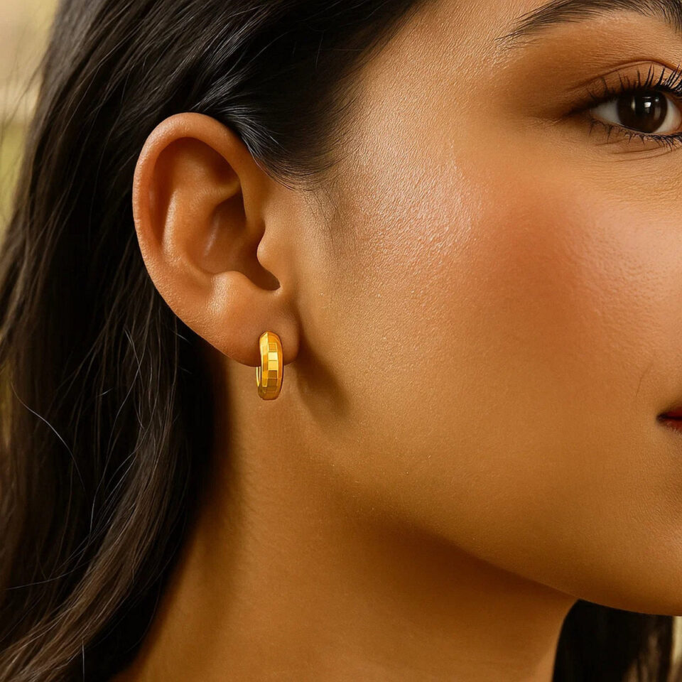 Hoop huggie earrings in solid 14K yellow gold, view 2