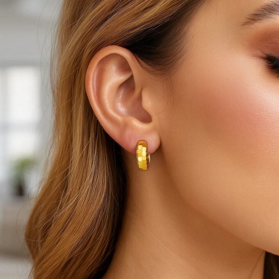 Hoop huggie earrings in solid 14K yellow gold, view 4