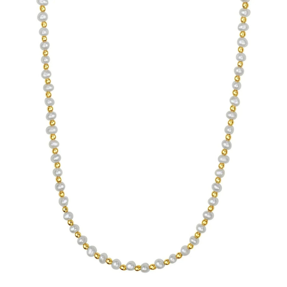 14K Yellow Gold Bead Pearl Necklace Alternating