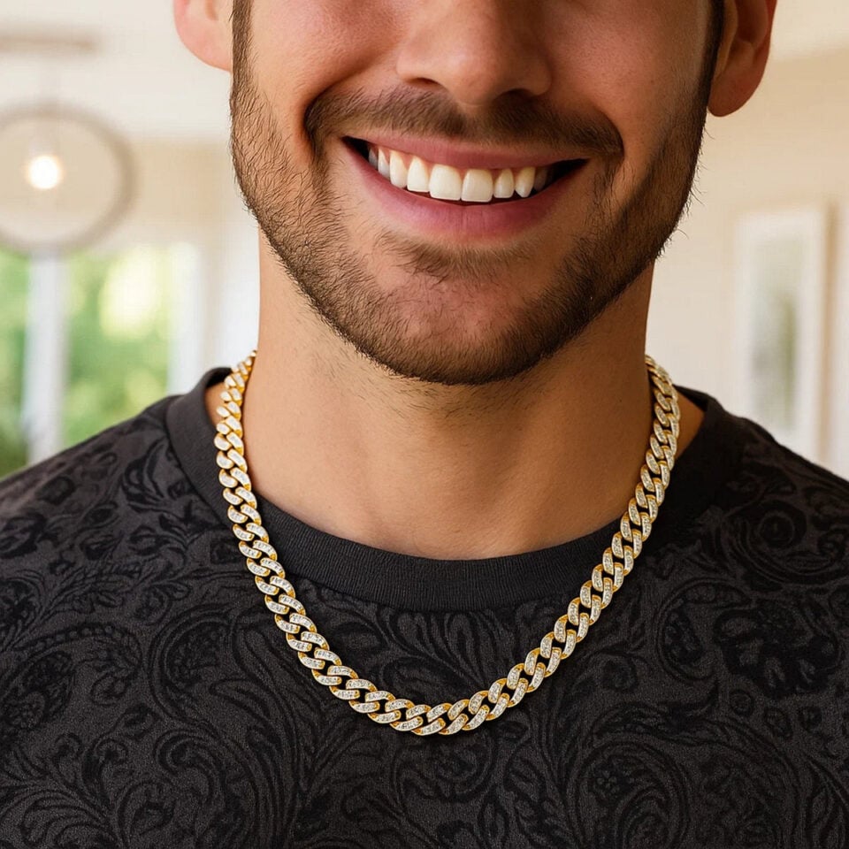 Pave cuban chain in solid 14K yellow and white gold, view 9