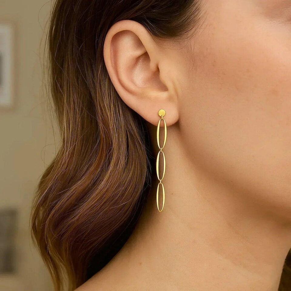 14K Yellow Gold Oval Drop Earrings Triple