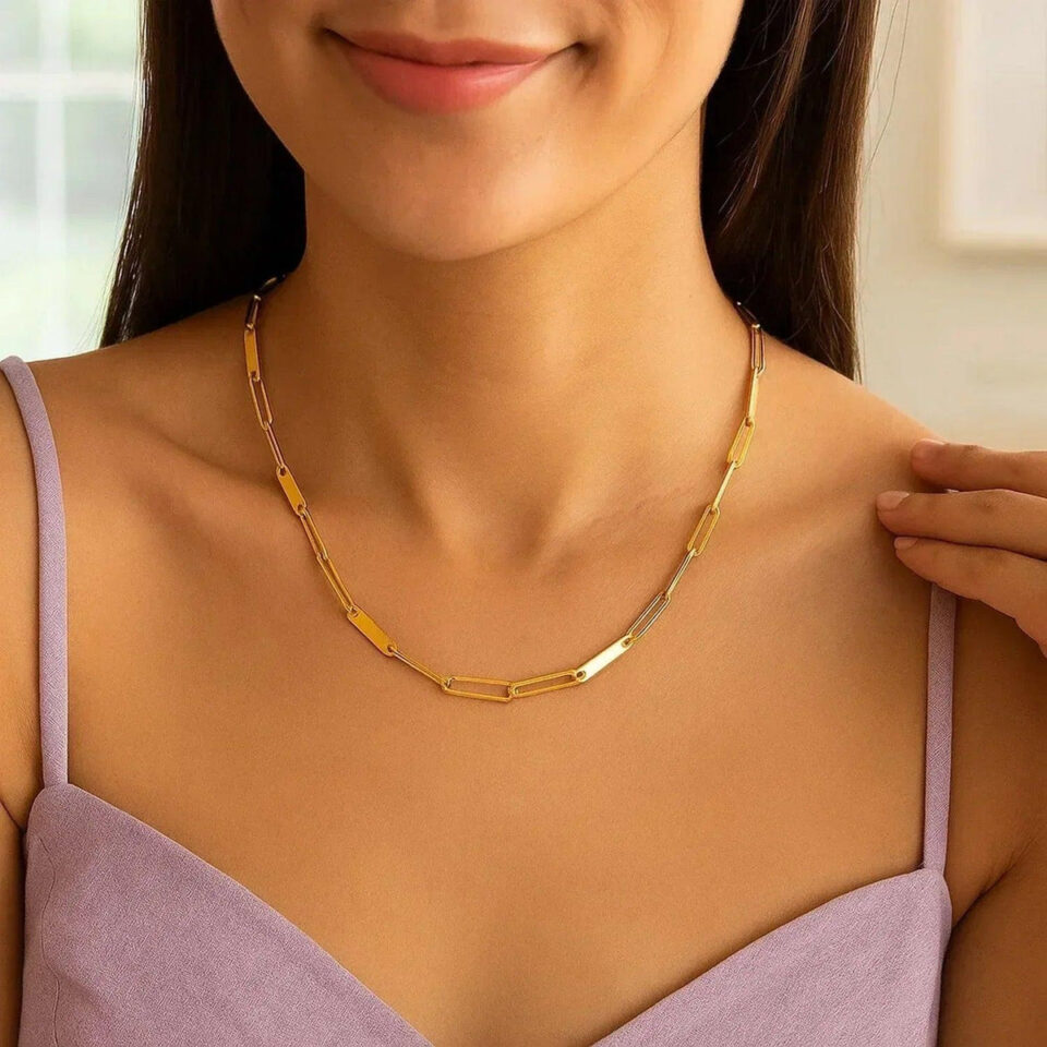 Alternating paperclip necklace in solid 14K yellow gold, view 4