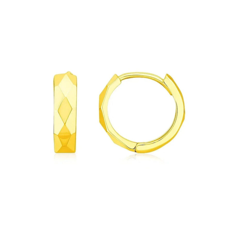 Diamond-motif huggie earrings in solid 14K yellow gold