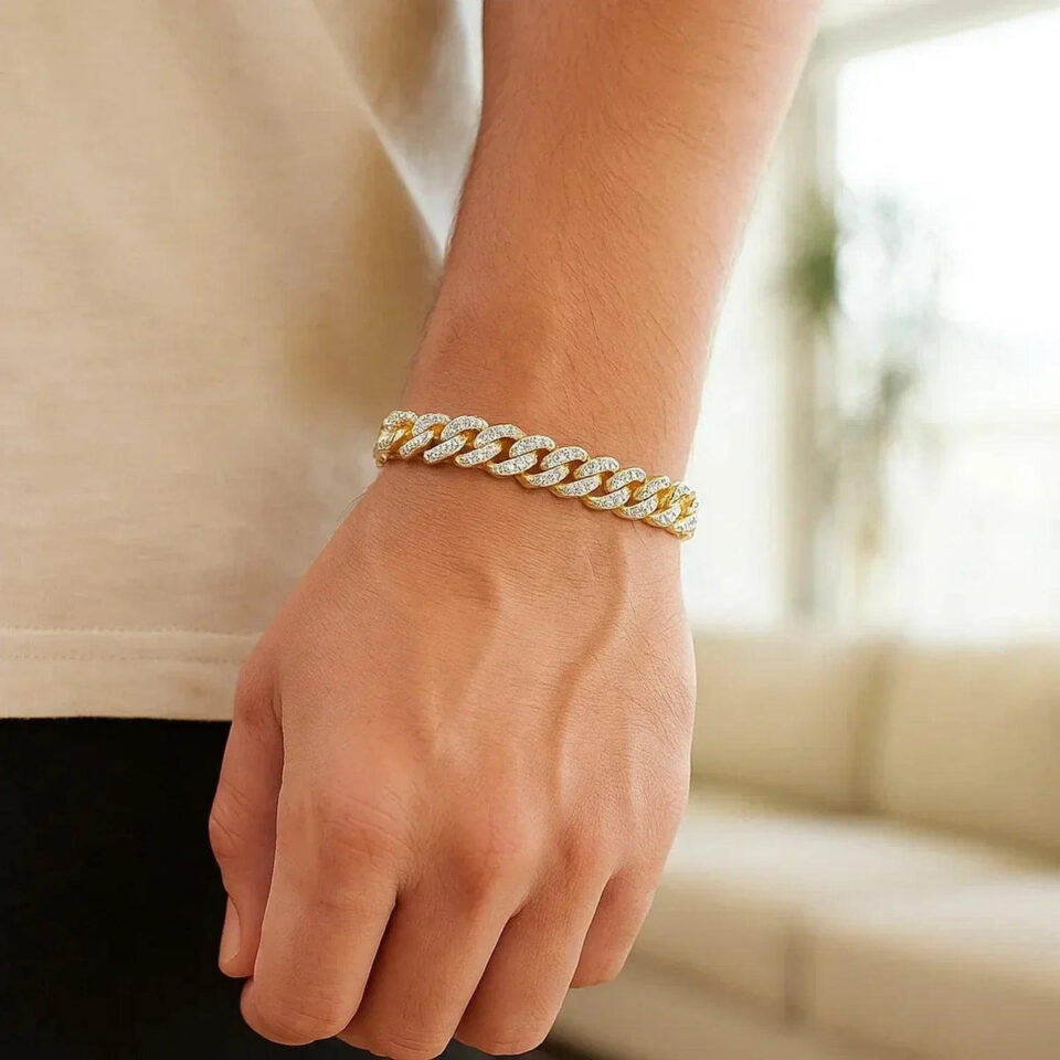 Pave cuban bracelet in solid 14K yellow and white gold, view 5