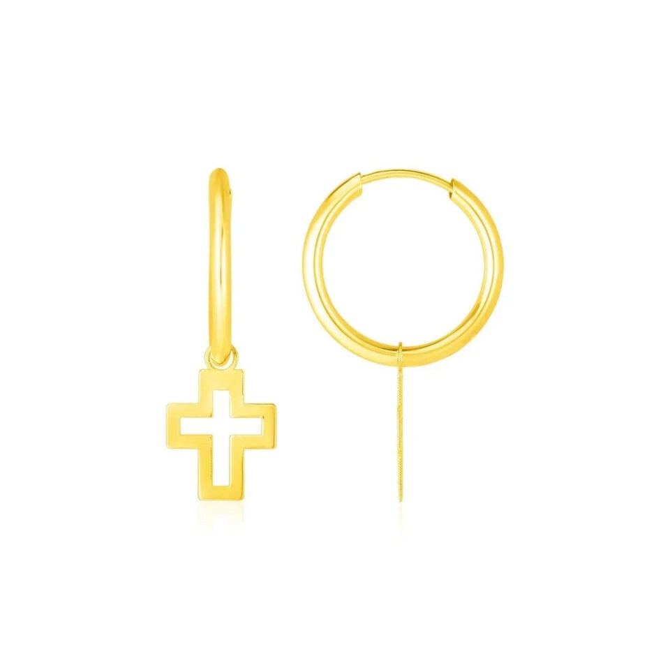 14K Yellow Gold Polished Hoop Earrings Crosses