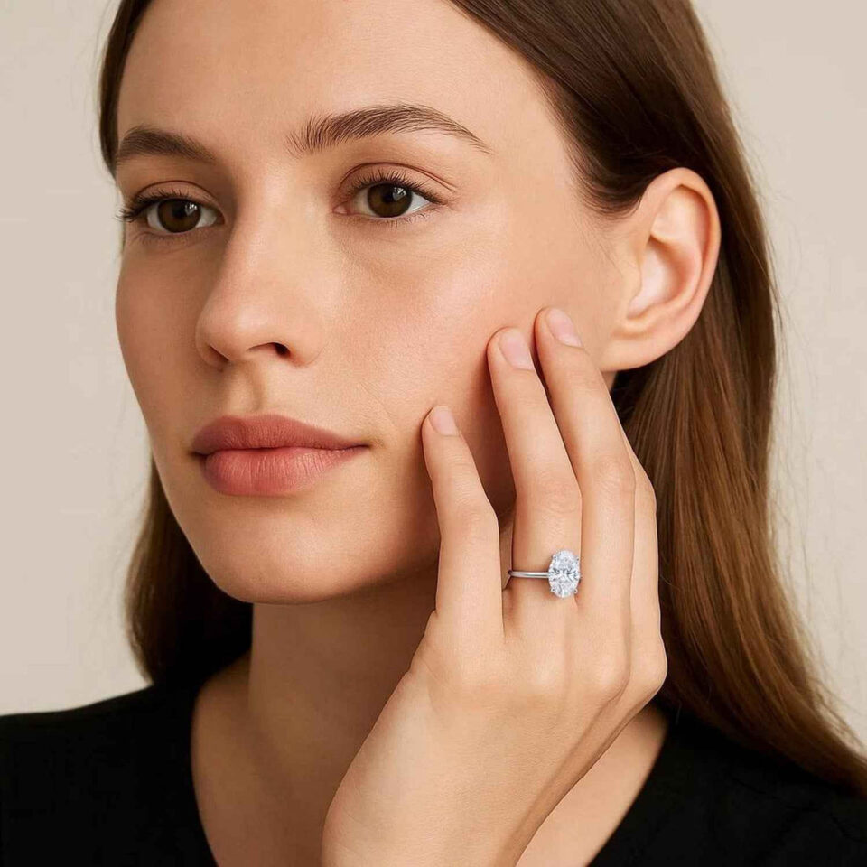2 ct lab-grown diamond solitaire oval ring in solid 14K white gold, engagement ring, view 4