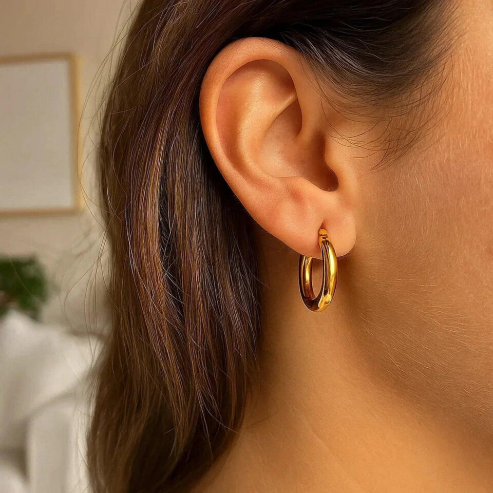 3x15mm polished hoop earrings in solid 10K yellow gold, view 2
