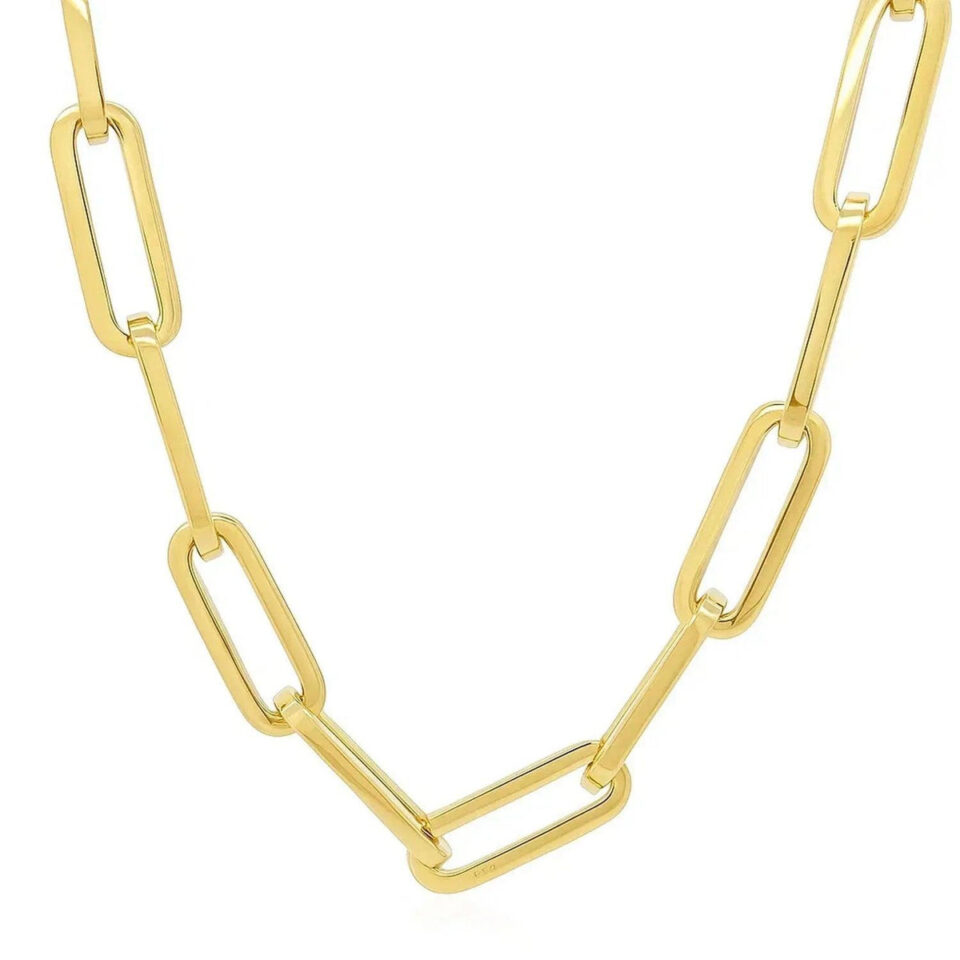 Extra wide paperclip chain necklace in solid 14K yellow gold, view 3