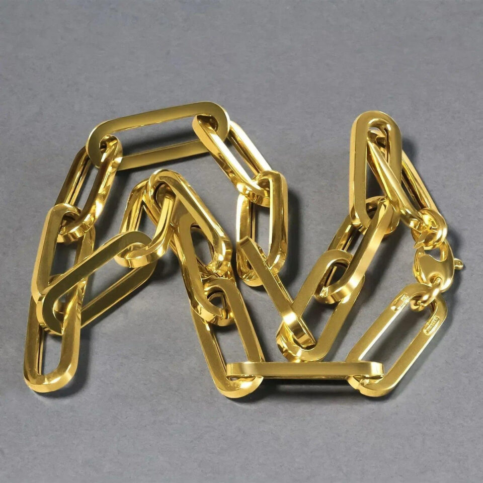 Extra wide paperclip chain necklace in solid 14K yellow gold, view 6