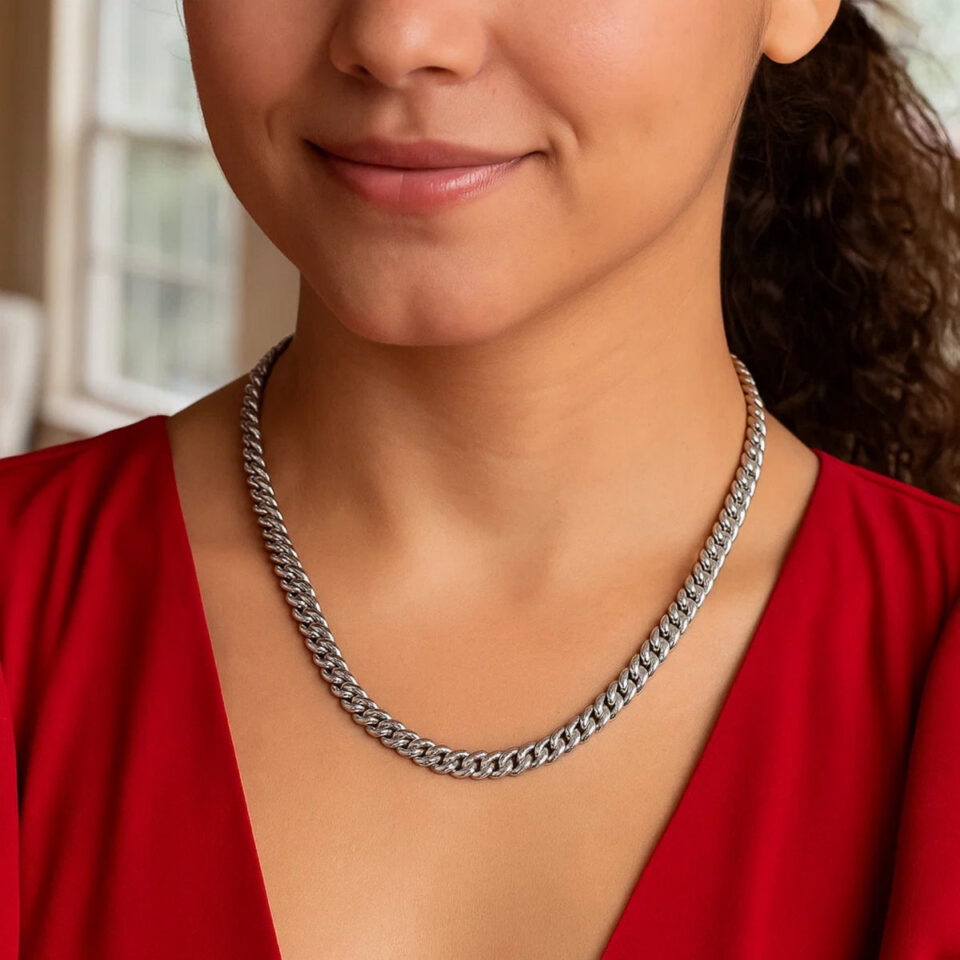 Rhodium-plated sterling silver vintage puffed miami cuban chain, 5.3 mm, view 4