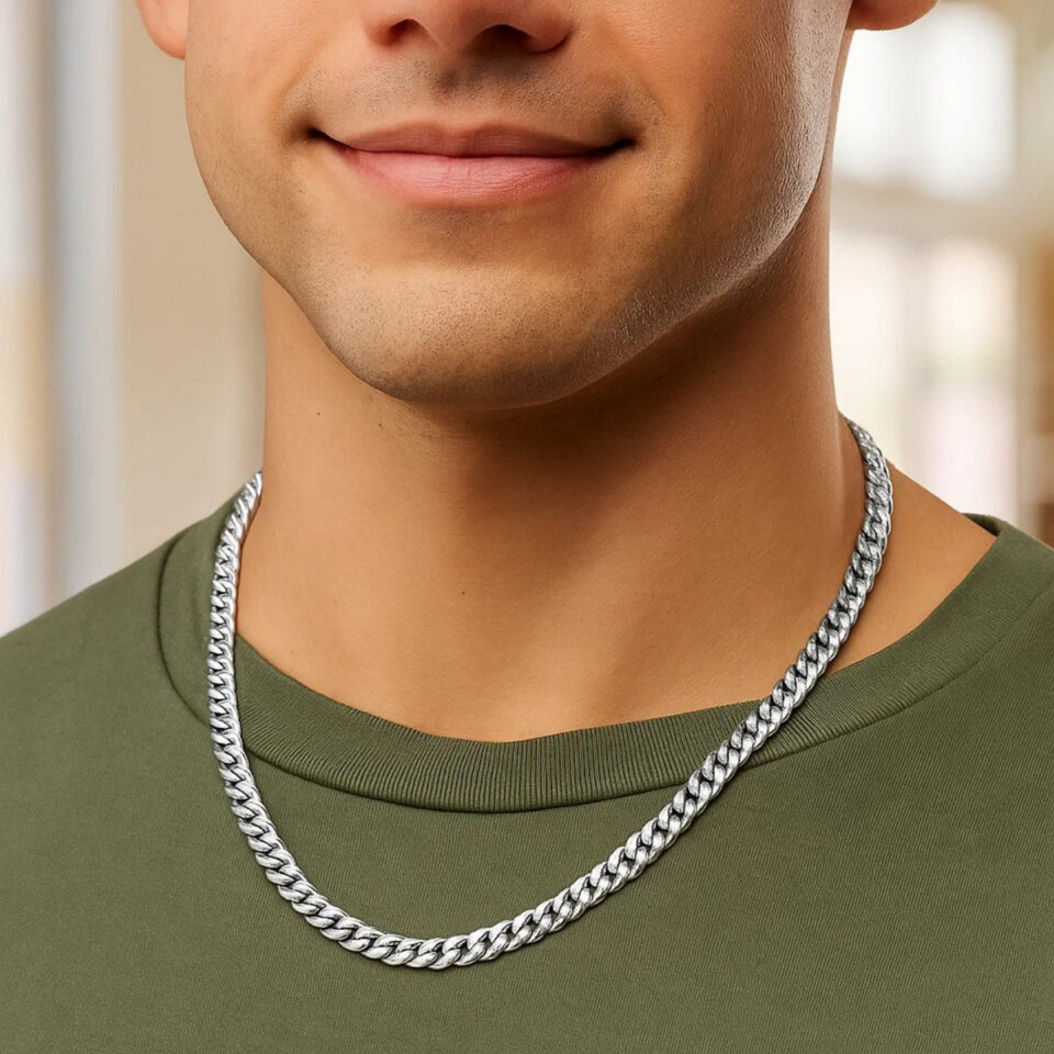 Rhodium-plated sterling silver vintage puffed miami cuban chain, 5.3 mm, view 5