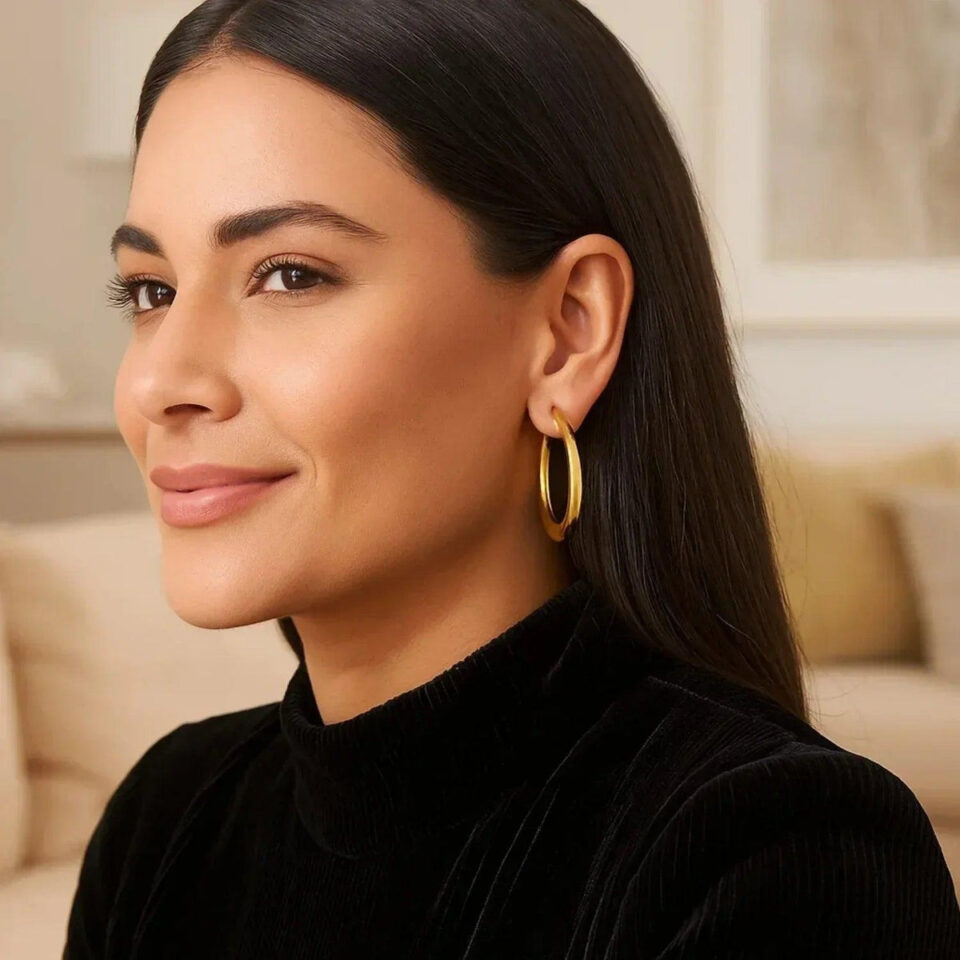 14K Yellow Gold Oval Electroform Hoop Earrings