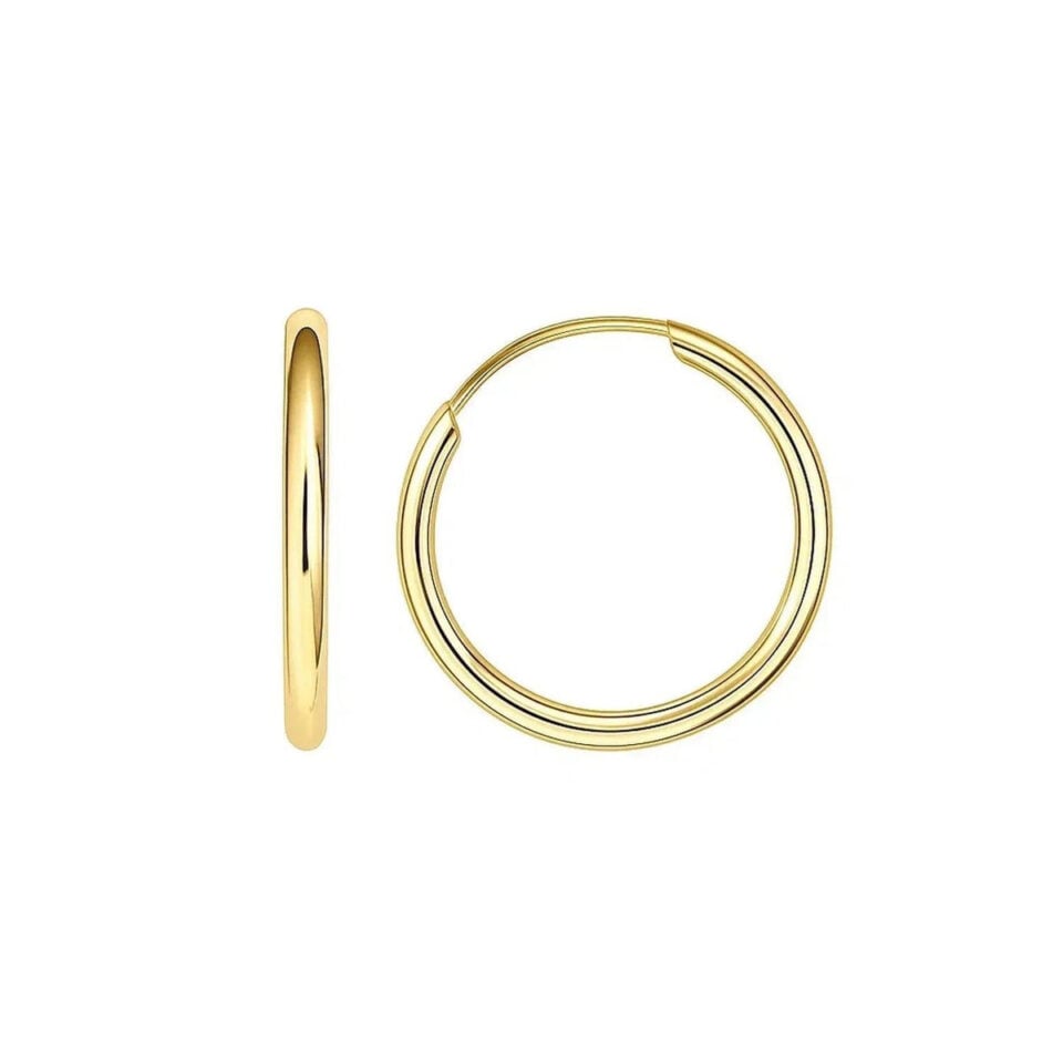 1.5x14mm polished hoop earrings in solid 10K yellow gold