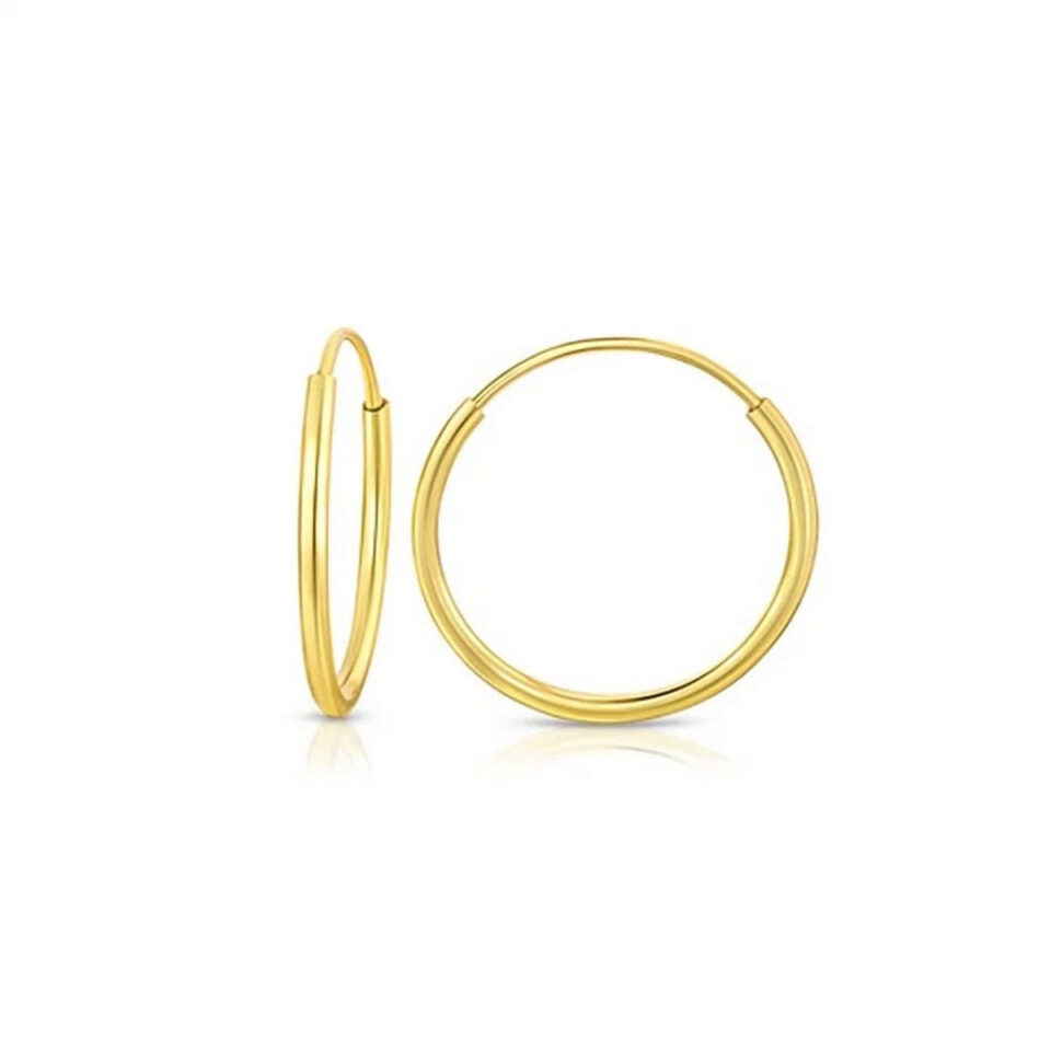Mini endless hoop earrings in solid 10K yellow gold, view 2