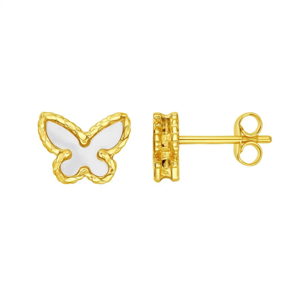 14K Yellow Gold Mother of Pearl Butterfly Stud
