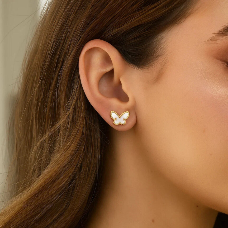 Mother of pearl butterfly stud in solid 14K yellow gold, view 4