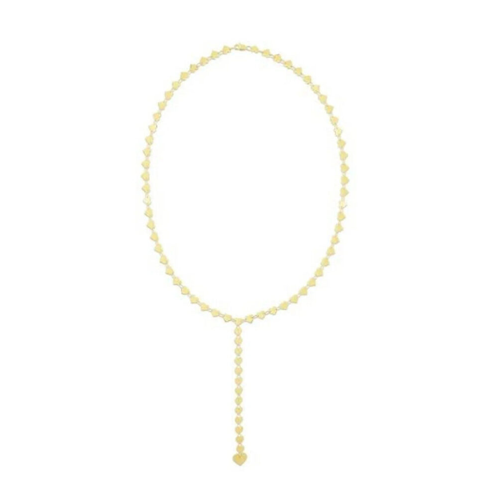 Mirrored heart chain lariat necklace in solid 14K yellow gold, view 3