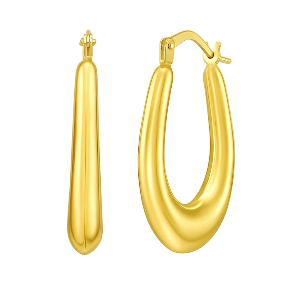 Elongated Graduated Oval Hoop Earrings, 14K Yellow Gold