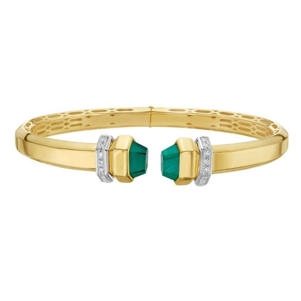 14K Yellow Gold Green Pyramid Art Deco Cuff