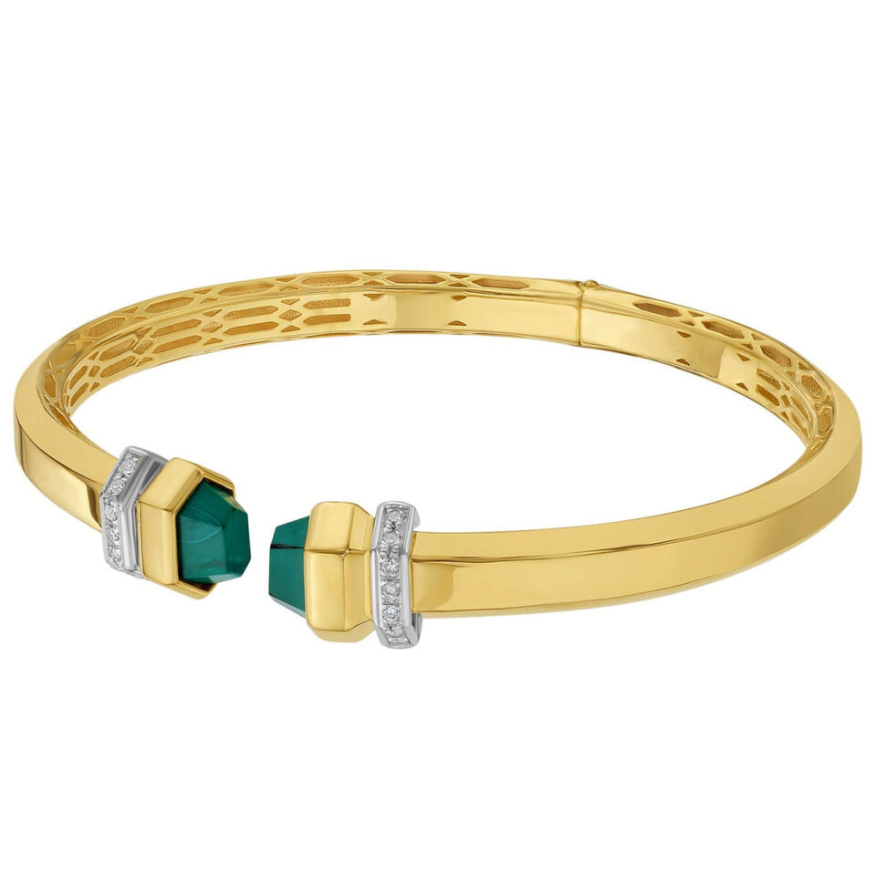 Green pyramid art deco cuff in solid 14K yellow gold, view 3