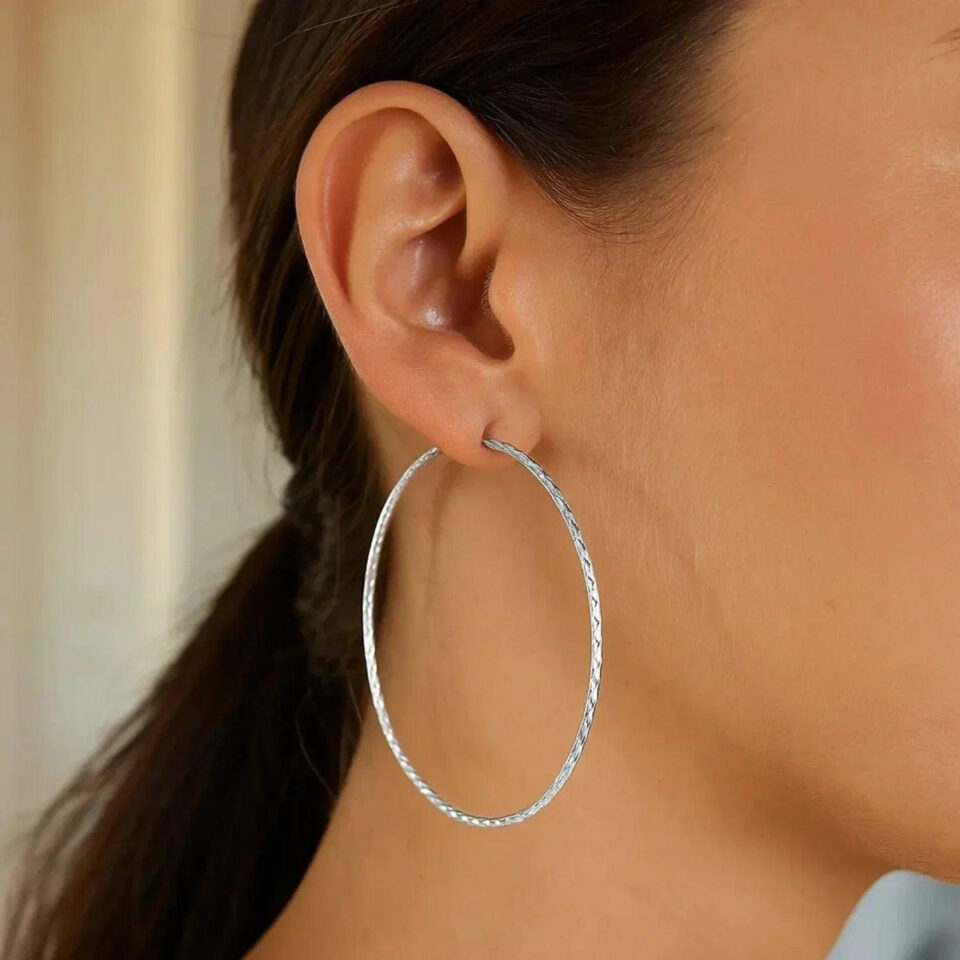 Sterling silver textured round hoop earrings, view 2