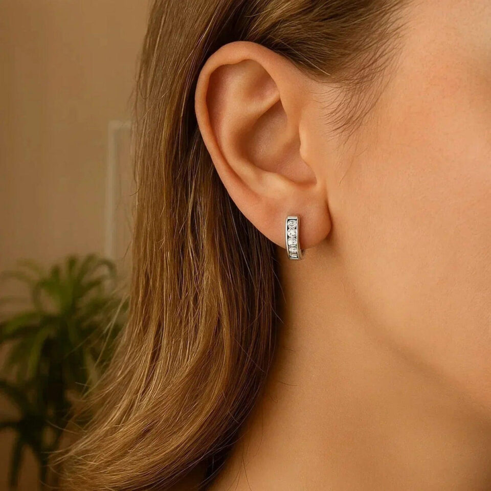 Sterling silver cubic zirconia hoop earrings, view 3