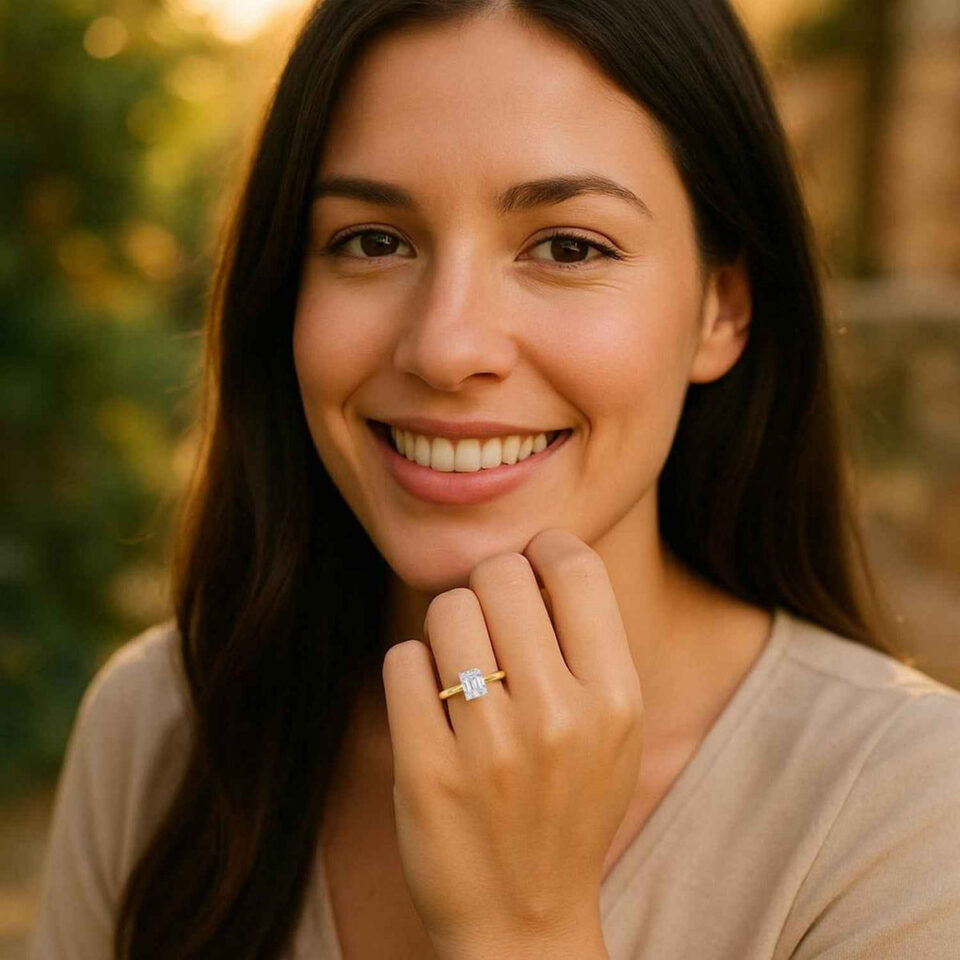 1 ct tw lab-grown diamond radiant solitaire ring in solid 10K yellow gold, engagement ring, view 5