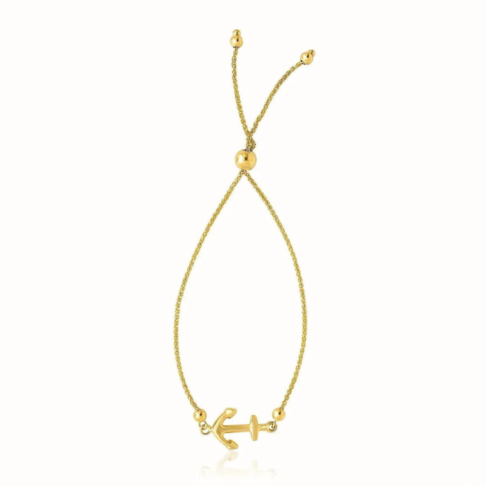 14K Yellow Gold Anchor Adjustable Lariat Bracelet