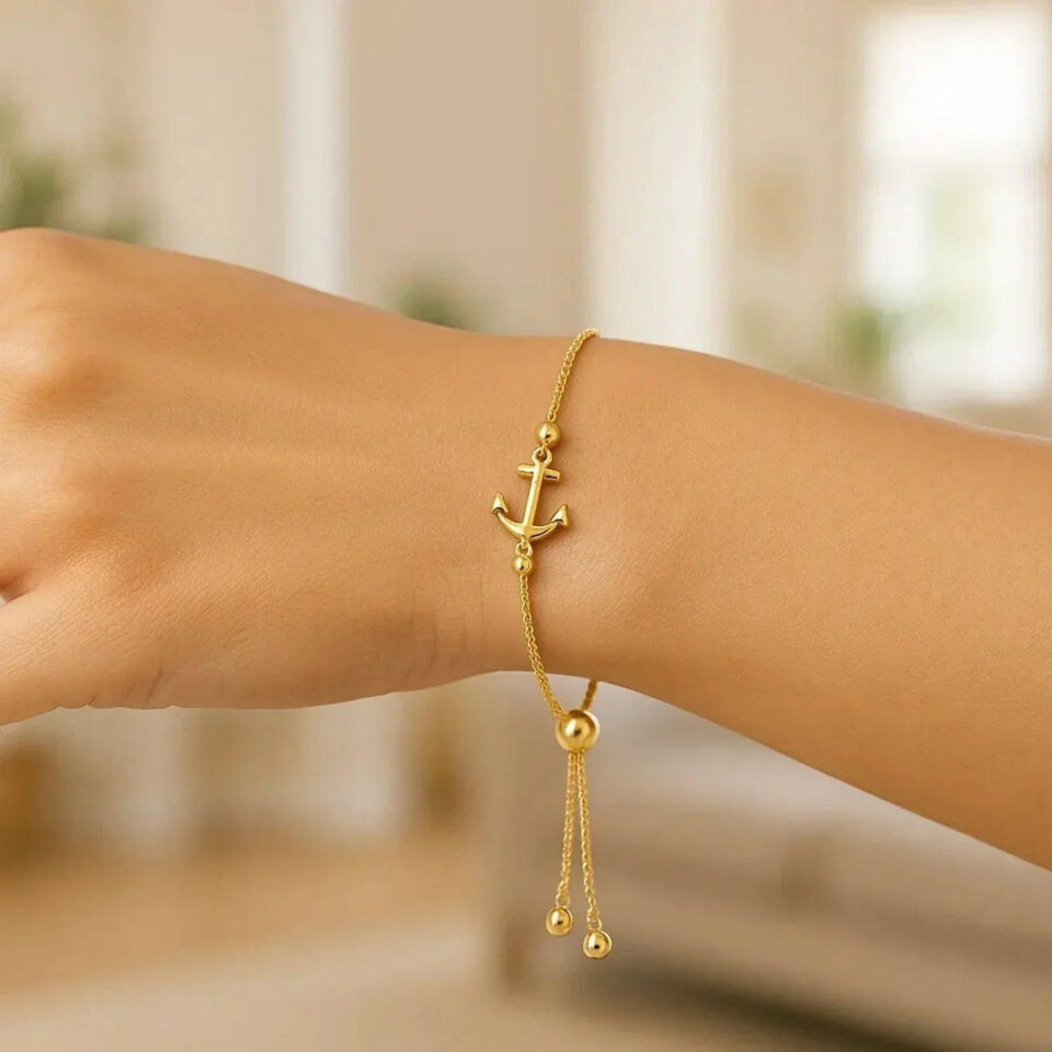 14K Yellow Gold Anchor Adjustable Lariat Bracelet