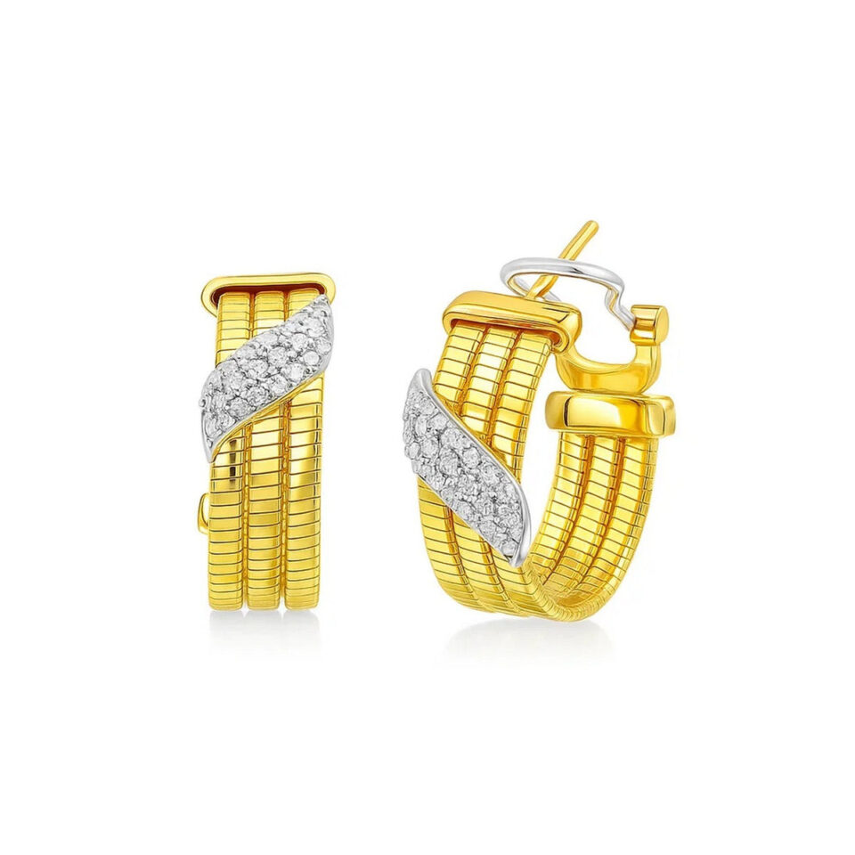 14K Yellow Gold Triple Row Lab-Grown Diamond Omega Hoop