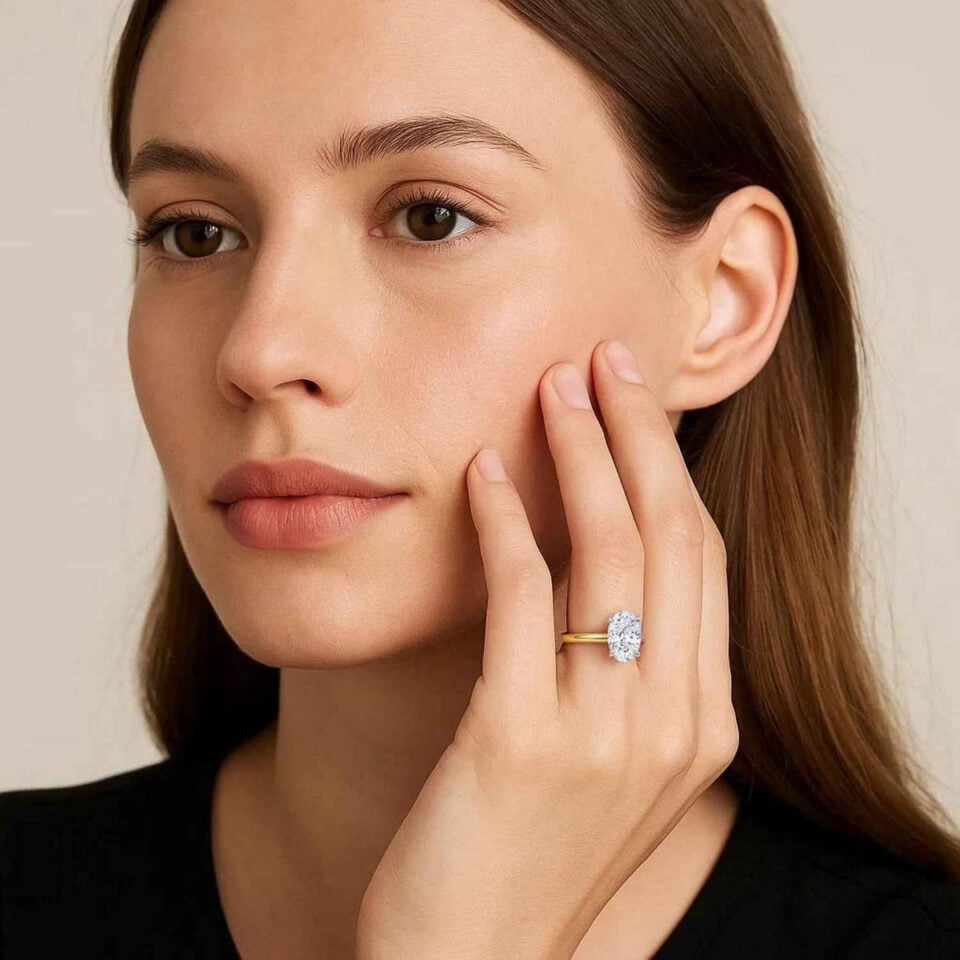 2 ct lab-grown diamond solitaire oval ring in solid 10K yellow gold, engagement ring, view 4