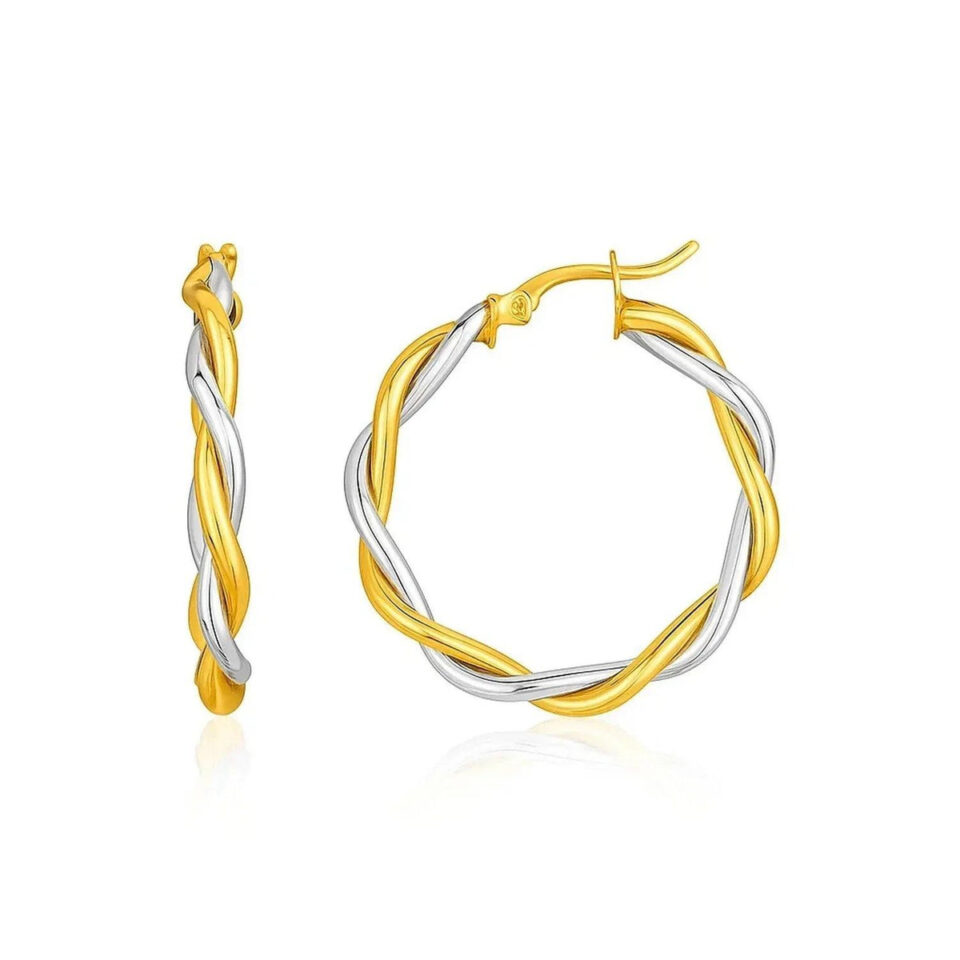 10K Yellow And White Gold Twisted Hoop Earrings
