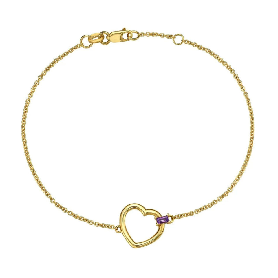 14K Yellow Gold Heart Baguette Amethyst Bracelet