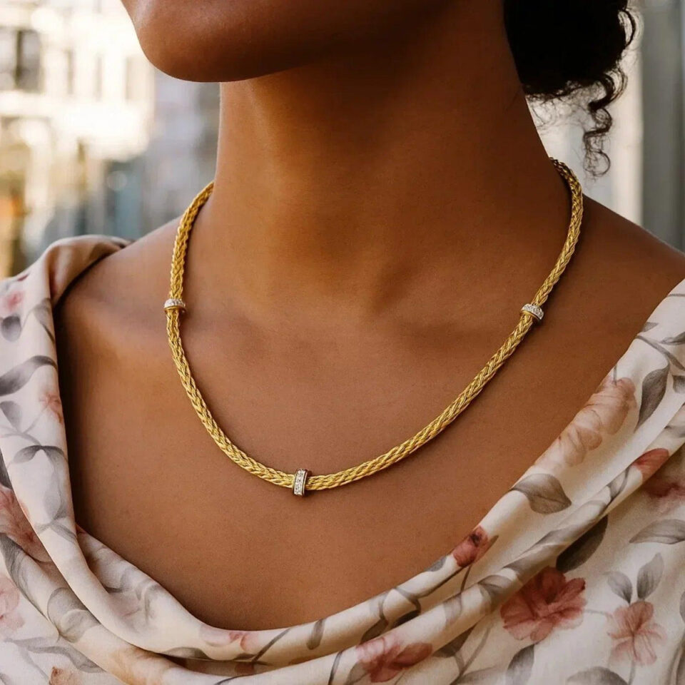 Woven rope lab-grown diamond necklace in solid 14K yellow gold, view 3