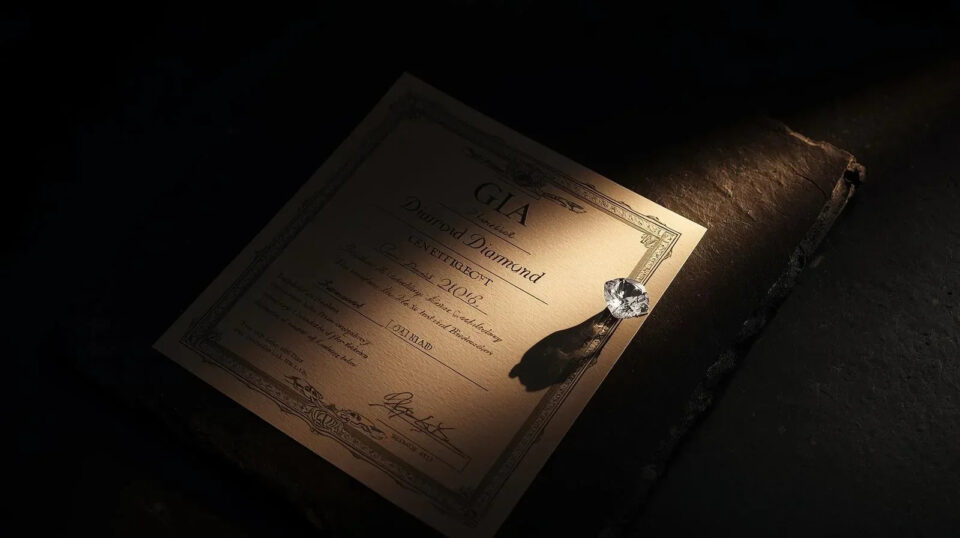 A diamond with its grading report