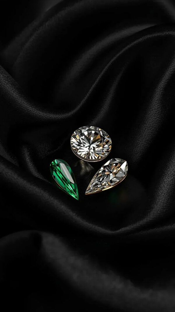 Three gemstones on black fabric