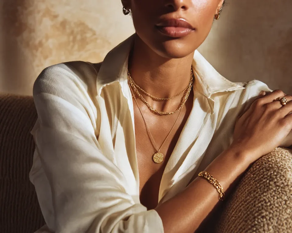 peelerie Layered gold necklace, bracelet and ring worn together